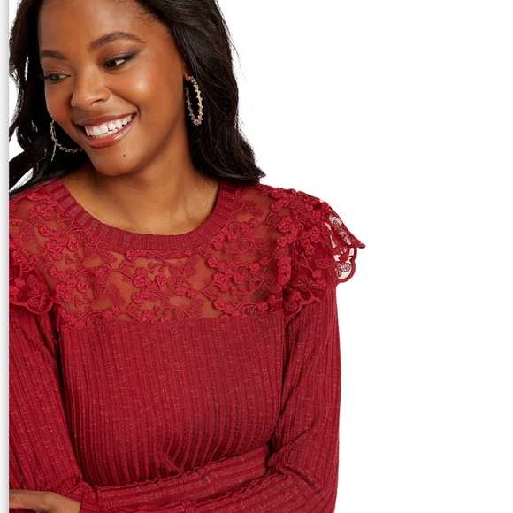 Plus Sz 4X Cranberry Lace Flutter Long Sleeves - Picture 6 of 8